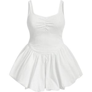 imageMakeMeChic Womens Plus Size Sleeveless Bubble Dress Ruched Rib Knitted A Line Mini DressesWhite