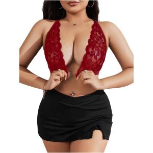 imageMakeMeChic Womens Plus Size Wireless Bra Floral Lace Criss Cross Scallop Trim Front Closure BraletteBurgundy