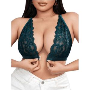 imageMakeMeChic Womens Plus Size Wireless Bra Floral Lace Criss Cross Scallop Trim Front Closure BraletteDark Green