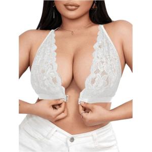 imageMakeMeChic Womens Plus Size Wireless Bra Floral Lace Criss Cross Scallop Trim Front Closure BraletteWhite