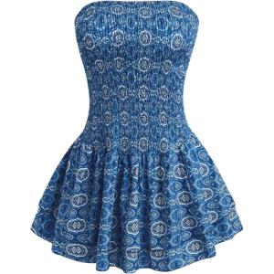 imageMakeMeChic Womens Strapless Bandeau Dress Mini Boho Ruffle Shirred Short DressesBlue