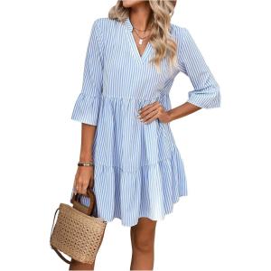 imageMakeMeChic Womens Striped Print A Line Dress 34 Sleeve Notch Neck Summer Mini DressBlue and White