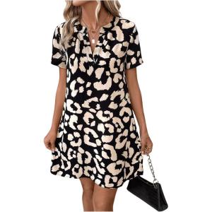 imageMakeMeChic Womens Summer Casual Dress Leopard Print V Neck Short Sleeve Short Tunic DressMulticolor
