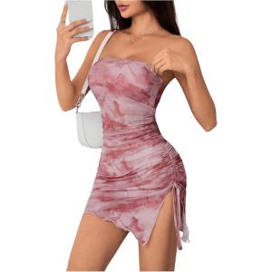 imageMakeMeChic Womens Tie Dye Y2k Mesh Mini Dress Strapless Bodycon Tube DressesPink