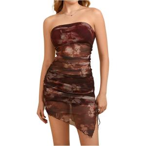 imageMakeMeChic Womens Tie Dye Y2k Mesh Mini Dress Strapless Bodycon Tube DressesRed