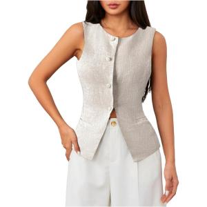 imageMakeMeChic Womens Vest Top Sleeveless Blazer Split Hem Button Down Dressy Suit Vest Outerwear WaistcoatApricot