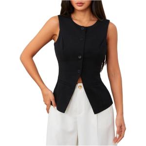 imageMakeMeChic Womens Vest Top Sleeveless Blazer Split Hem Button Down Dressy Suit Vest Outerwear WaistcoatBlack