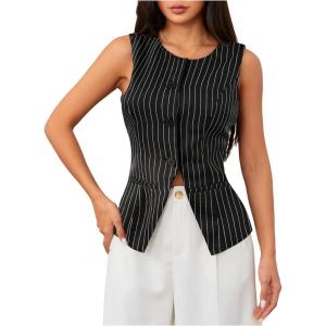 imageMakeMeChic Womens Vest Top Sleeveless Blazer Split Hem Button Down Dressy Suit Vest Outerwear WaistcoatBlack Stripe
