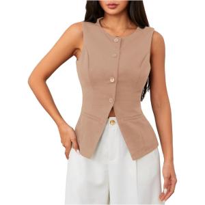 imageMakeMeChic Womens Vest Top Sleeveless Blazer Split Hem Button Down Dressy Suit Vest Outerwear WaistcoatBrown