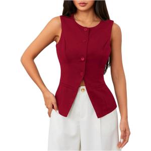 imageMakeMeChic Womens Vest Top Sleeveless Blazer Split Hem Button Down Dressy Suit Vest Outerwear WaistcoatBurgundy