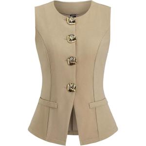 imageMakeMeChic Womens Vest Top Sleeveless Blazer Split Hem Button Down Dressy Suit Vest Outerwear WaistcoatKhaki B