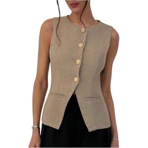 imageMakeMeChic Womens Vest Top Sleeveless Blazer Split Hem Button Down Dressy Suit Vest Outerwear WaistcoatKhaki a