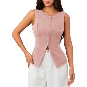 imageMakeMeChic Womens Vest Top Sleeveless Blazer Split Hem Button Down Dressy Suit Vest Outerwear WaistcoatPink