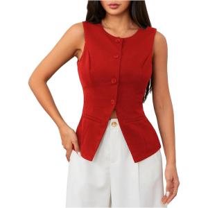 imageMakeMeChic Womens Vest Top Sleeveless Blazer Split Hem Button Down Dressy Suit Vest Outerwear WaistcoatRed