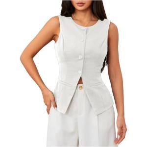 imageMakeMeChic Womens Vest Top Sleeveless Blazer Split Hem Button Down Dressy Suit Vest Outerwear WaistcoatWhite