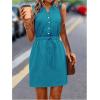 imageMakeMeChic Womens Casual Sleeveless Summer Dress Button Down Tie Waist A Line Short Tank DressSolid Blue