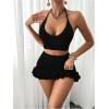 imageMakeMeChic Womens Crochet Cover Up Halter Crop Tops and Ruffle Skirt Swimwear Bathing SuitBlack