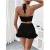 imageMakeMeChic Womens Crochet Cover Up Halter Crop Tops and Ruffle Skirt Swimwear Bathing SuitBlack