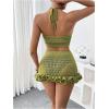 imageMakeMeChic Womens Crochet Cover Up Halter Crop Tops and Ruffle Skirt Swimwear Bathing SuitGreen