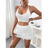 imageMakeMeChic Womens Crochet Cover Up Halter Crop Tops and Ruffle Skirt Swimwear Bathing SuitWhite