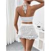 imageMakeMeChic Womens Crochet Cover Up Halter Crop Tops and Ruffle Skirt Swimwear Bathing SuitWhite