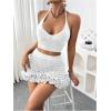 imageMakeMeChic Womens Crochet Cover Up Halter Crop Tops and Ruffle Skirt Swimwear Bathing SuitWhite