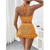 imageMakeMeChic Womens Crochet Cover Up Halter Crop Tops and Ruffle Skirt Swimwear Bathing SuitYellow