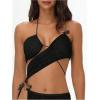 imageMakeMeChic Womens Halter Mesh Sheer Ruched Asymmetrical Swimsuit Coverup Beach DressBlack