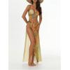 imageMakeMeChic Womens Halter Mesh Sheer Ruched Asymmetrical Swimsuit Coverup Beach DressYellow