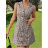 imageMakeMeChic Womens Plaid Gingham Lapel Button Down Short Dresses Sleeveless A Line Shirt Dress with PocketBrown