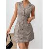 imageMakeMeChic Womens Plaid Gingham Lapel Button Down Short Dresses Sleeveless A Line Shirt Dress with PocketBrown