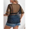 imageMakeMeChic Womens Plus Size Clothes Concert Outfits Summer Sequin Tops See Through Mesh Short Sleeve ShirtsBlack Floral Embroidery