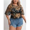imageMakeMeChic Womens Plus Size Clothes Concert Outfits Summer Sequin Tops See Through Mesh Short Sleeve ShirtsBlack Floral Embroidery