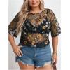imageMakeMeChic Womens Plus Size Clothes Concert Outfits Summer Sequin Tops See Through Mesh Short Sleeve ShirtsBlack Floral Embroidery