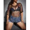 imageMakeMeChic Womens Plus Size Clothes Concert Outfits Summer Sequin Tops See Through Mesh Short Sleeve ShirtsBlack Graphic Print