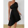 imageMakeMeChic Womens Summer Dress 2025 Tie Dye One Shoulder Mini Dress Pleated Cut Out Wedding Guest DressesBlack