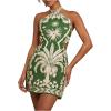 imageMakeMeChic Womens Chiffon Printed Halter Dress Tie Backless Criss Cross Cut Out Summer Mini DressesGreen