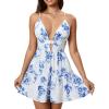 imageMakeMeChic Womens Floral Cami Dress Spaghetti Strap Backless Cut Out Ruffle Hem A Line Mini Dresses SundressBlue and White