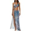 imageMakeMeChic Womens Halter Mesh Sheer Ruched Asymmetrical Swimsuit Coverup Beach DressBlue