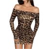 imageMakeMeChic Womens Leopard Off The Shoulder Mini Dress Ruched Long Sleeve Bodycon Cheetah Short DressesMulticolor