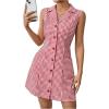 imageMakeMeChic Womens Plaid Gingham Lapel Button Down Short Dresses Sleeveless A Line Shirt Dress with PocketRed and White