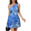 imageMakeMeChic Womens Summer Dress 2025 Tie Dye One Shoulder Mini Dress Pleated Cut Out Wedding Guest DressesBlue