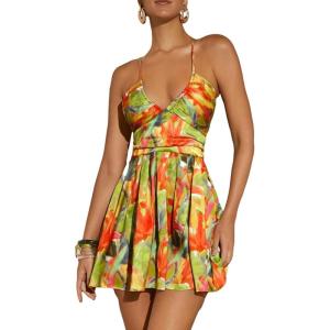 imageMakeMeChic Womens Boho Floral Summer Dress Criss Cross High Waisted V Neck Sleeveless Short SundressMulti Green