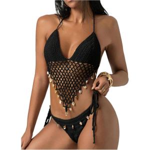 imageMakeMeChic Womens Boho Hollow Out Halter Bikini Sets Shell Crochet Summer Beach Swimsuit Bathing SuitBlack