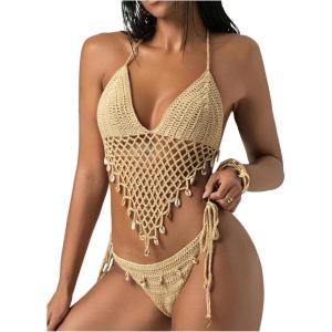 imageMakeMeChic Womens Boho Hollow Out Halter Bikini Sets Shell Crochet Summer Beach Swimsuit Bathing SuitKhaki