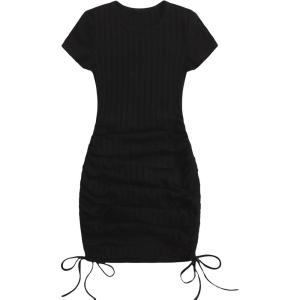 imageMakeMeChic Womens Casual Drawstring Side Round Neck Short Sleeve Bodycon DressBlack B