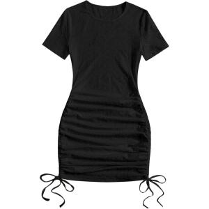 imageMakeMeChic Womens Casual Drawstring Side Round Neck Short Sleeve Bodycon DressBlack C