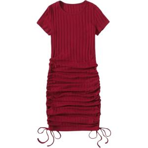 imageMakeMeChic Womens Casual Drawstring Side Round Neck Short Sleeve Bodycon DressBurgundy