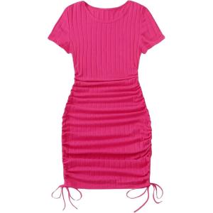 imageMakeMeChic Womens Casual Drawstring Side Round Neck Short Sleeve Bodycon DressHot Pink