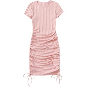 imageMakeMeChic Womens Casual Drawstring Side Round Neck Short Sleeve Bodycon DressPink